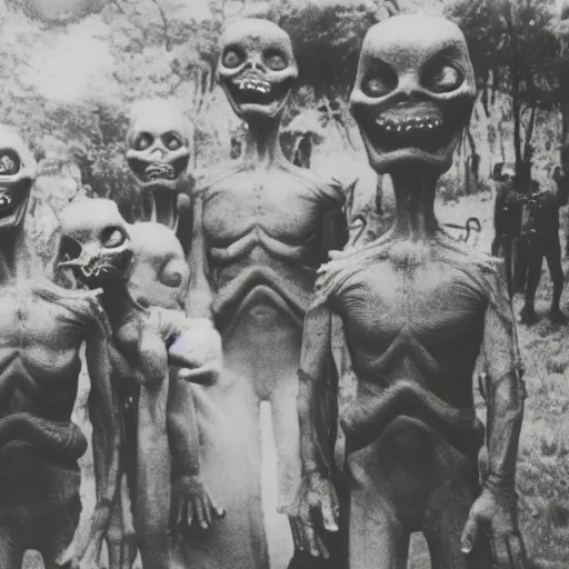 Image similar to polaroid photograph of horrorific alien beings visiting earth, 1 9 5 0