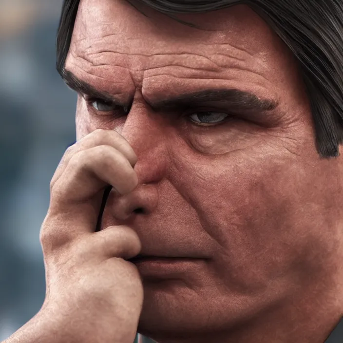 Image similar to photo of Jair Bolsonaro crying looking to workers party , hyper realism, high detail, octane render, 8k, chrome accents