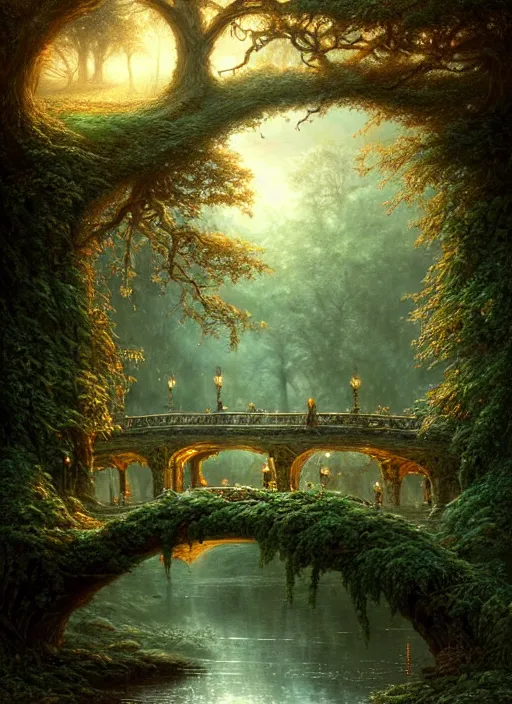 Image similar to old bridge with ivy, fantasy forest landscape, fantasy magic, light night, intricate, elegant, sharp focus, illustration, highly detailed, digital painting, concept art, matte, art by wlop and artgerm and ivan shishkin and andrey shishkin, masterpiece