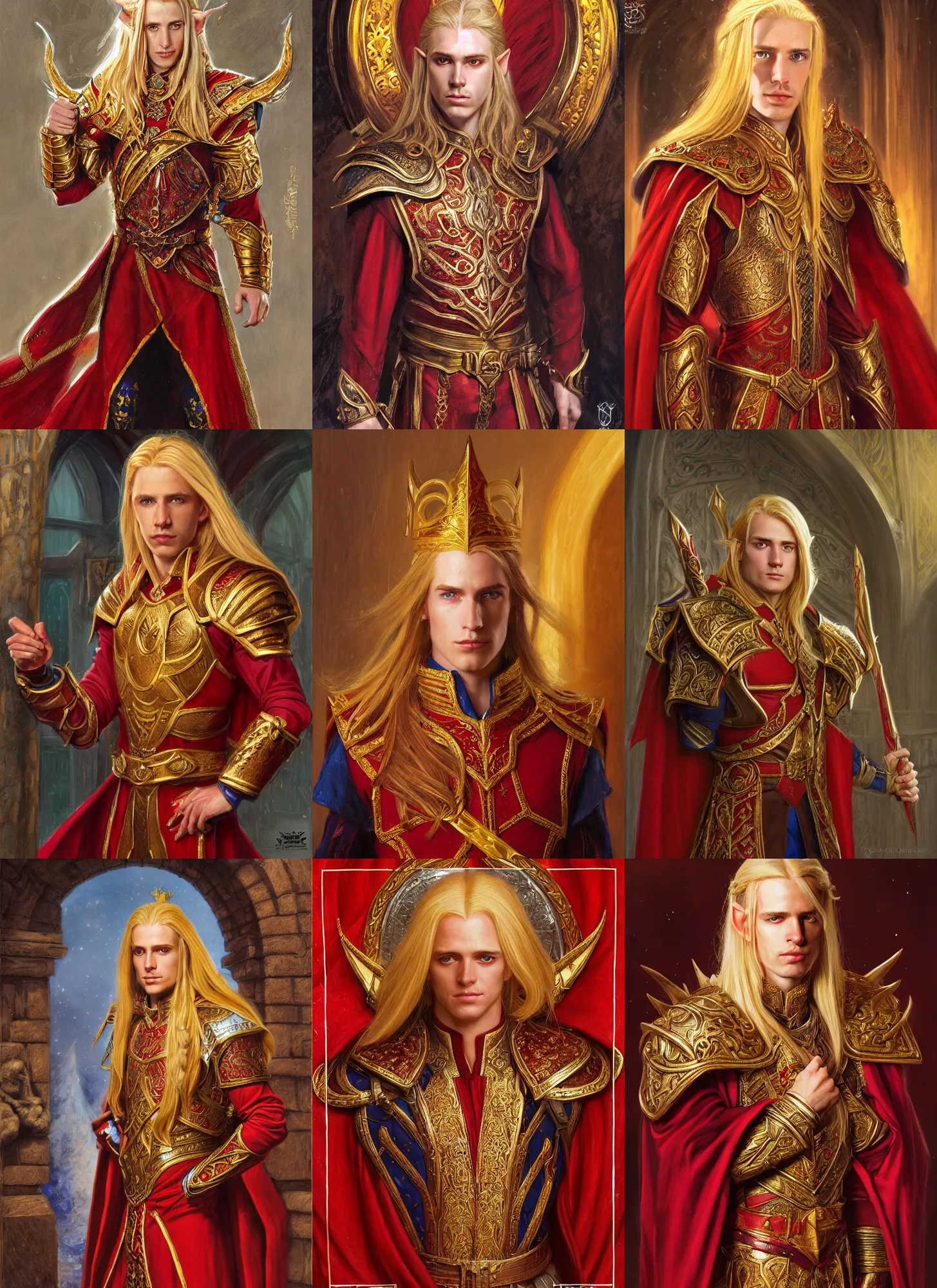 Prompt: a portrait of a noble high elf with long blonde hair, young adult male, wearing red and gold ornate attire, style by donato giancola, wayne reynolds, jeff easley dramatic light, high detail, cinematic lighting, artstation, dungeons and dragons