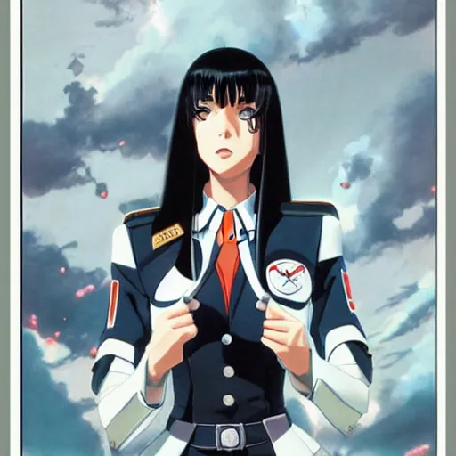 Prompt: An anime painting of beautiful black haired woman , dressed in a uniform still from Robotech 1985 by Ilya Kuvshinov , Stanley Artgerm Lau ,WLOP ,James Jean, Andrei Riabovitchev , symmetrical