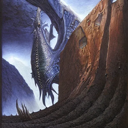 Image similar to artwork by john howe of the ruthless cavern leviathan