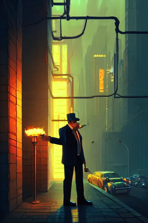 Prompt: A mafia boss lighting a cigar in a cyberpunk setting, by Evgeny Lushpin, dramatic lighting, high contrast colours, as trending on Artstation, highly detailed,