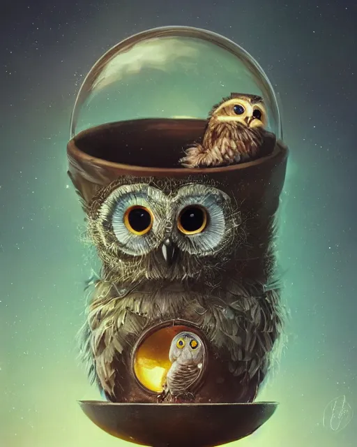 Image similar to long shot of a very cute owl chick nesting in a very futuristic cup, esao andrews, humorous illustration, hyperrealistic, big depth of field, warm colors, night scenery, low light, 3 d octane render, 4 k, conceptart, hyperdetailed, hyperrealistic, trending on artstation