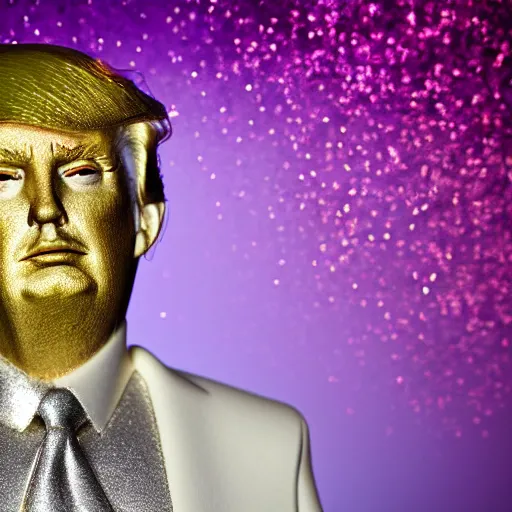 Image similar to Donald Trump with silver-violet hair, white eyes and golden glittery dress, wide lens, diorama, 4k,