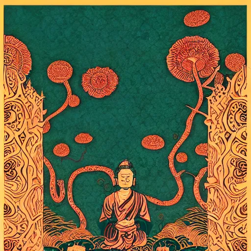 Image similar to dark teal paper with intricate designs, tarot card, a fractal southeast asian buddha statue full of golden layers, flowers, cloud, vines, mushrooms, swirles, curves, wave, by hokusai and mike mignola, trending on artstation, elaborate dark red ink illustration