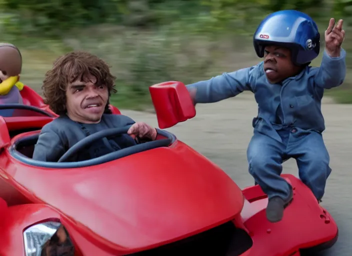 Image similar to peter dinklage racing gary coleman driving a little tikes cars, movie still, from the new fast and furious movie, 8 k, realistic