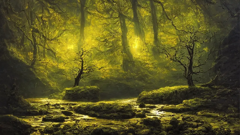 Image similar to A beautiful, highly detailed, very realistic oil painting of a single tree with lots of golden and bright glowing green leaves, next to a small river made of pure gold in the middle of a huge, very dark cave, with lots of dark grey rocks, oil painting by Greg Rutkowski.