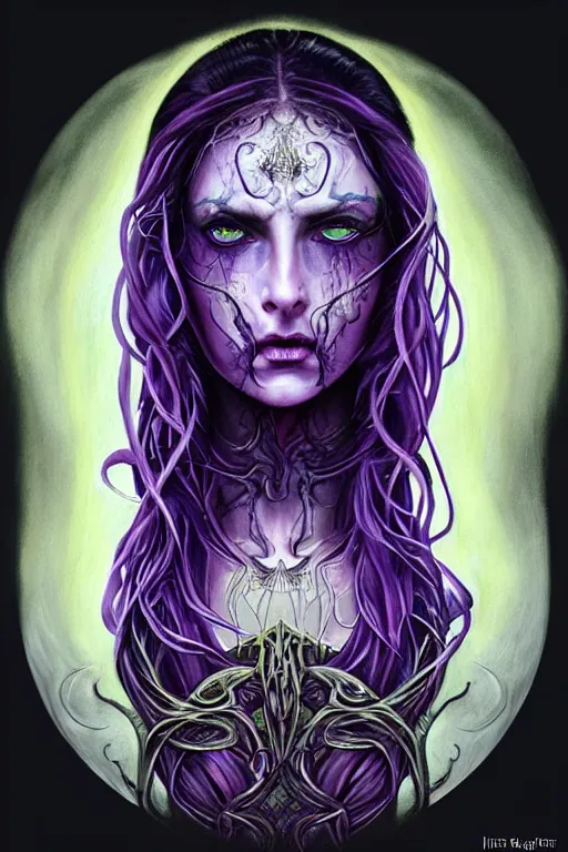 Prompt: Elden Ring themed painting of majestic chromatic purple-eyed girl with thin purple tentacles on her head beautiful ethereal angel symmetrical neutral black metal closeup face tattoo pattern golden ratio concept, Neo-Gothic concept, infinity glyph waves, intricate artwork masterpiece, very coherent artwork, cinematic, full frontal facial features by Artgerm, art by H.R. Giger, Joseph Michael Linsner, Zdizslaw Beksinski, Johnatan Wayshak, Moebius, Ayami Kojima, very anatomically coherent artwork, trending on cgsociety, ultra high quality model, production quality cinema model, high detail chromatic ink outline, octane render, unreal engine 8k, hyper realism, high detail, octane render, unreal engine, 8k, High contrast