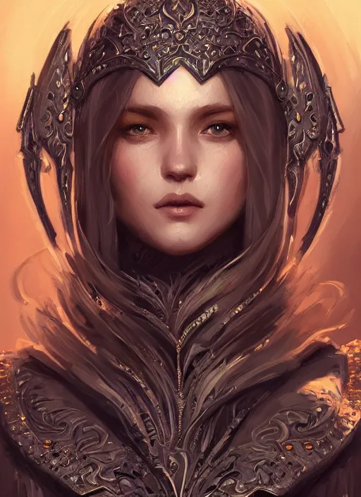 Prompt: a highly detailed character portrait of a radiant female paladin, ornate gothic armor, intricate, digital painting, artstation, intricate, concept art, smooth, sharp focus, illustration, art by Mandy Jurgens