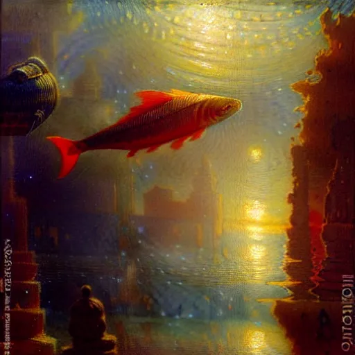 Image similar to you are at the bottom of the ocean looking up, see fishes swimming, the milk way, night time, midnight. highly detailed painting by gaston bussiere, greg rutkowski 8 k