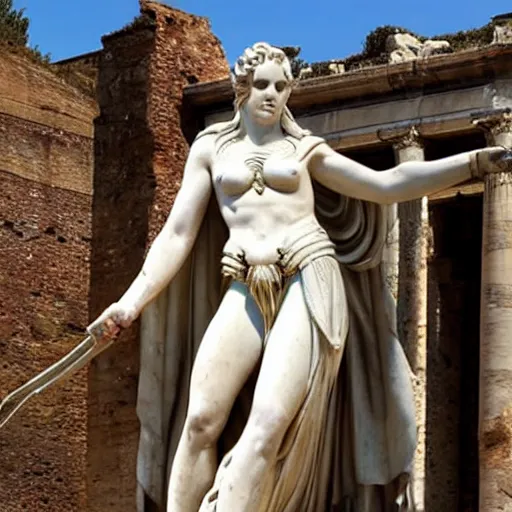 Prompt: marble statue in roman forum depicting wonder woman