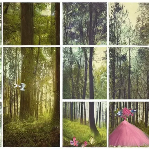 Prompt: a beautiful aesthetic!!! pop art collage! rolling arcadia forest landscape, made in a magazine clipping collage style, cutout, clippings of a fashion magazine, made by a depressed art student