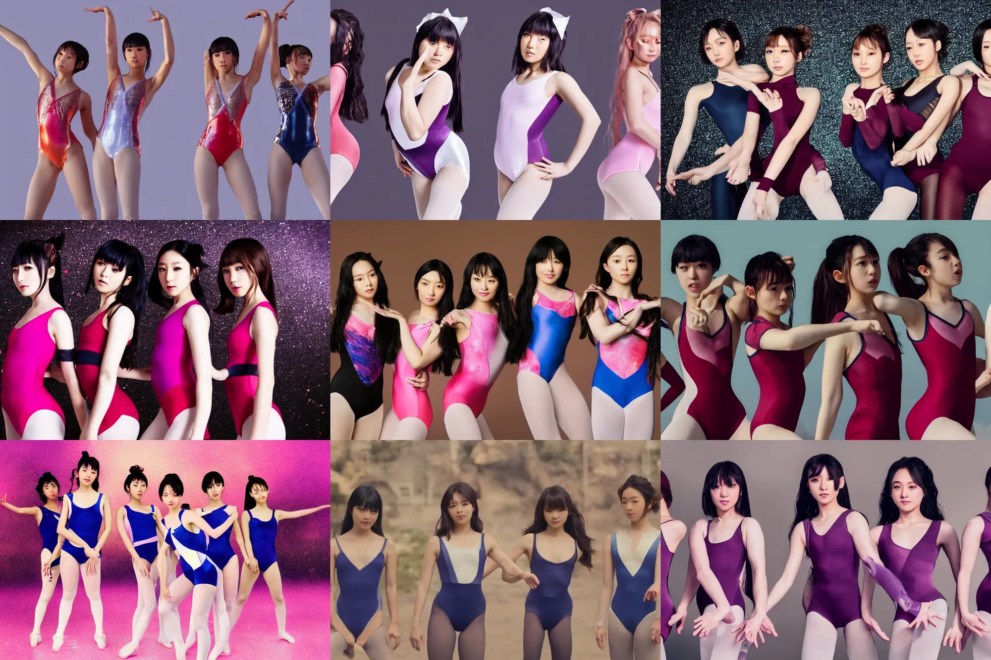 Image similar to unbelievably beautiful, perfect, dynamic, epic, cinematic 8 k hd movie shot, three beautiful cute young j - pop idols actresses in japanese girl band, posing together in leotards. motion, vfx, inspirational arthouse, high budget, hollywood style, at behance, at netflix, with instagram filters, photoshop, adobe lightroom, adobe after effects, taken with polaroid kodak portra