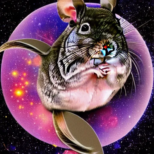 Image similar to thousands of chinchillas floating in space, woman's face floating in the center of the universe