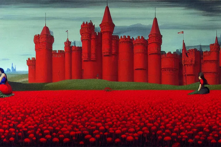 Prompt: only with red, red flowers of different types, red castle in background, red medieval big goblins, in the style of beksinski, parts by edward hopper, parts by rodcenko, parts by yue minjun, intricate and epic composition, red by caravaggio, insanely quality, highly detailed, masterpiece, red light, artstation, 4 k