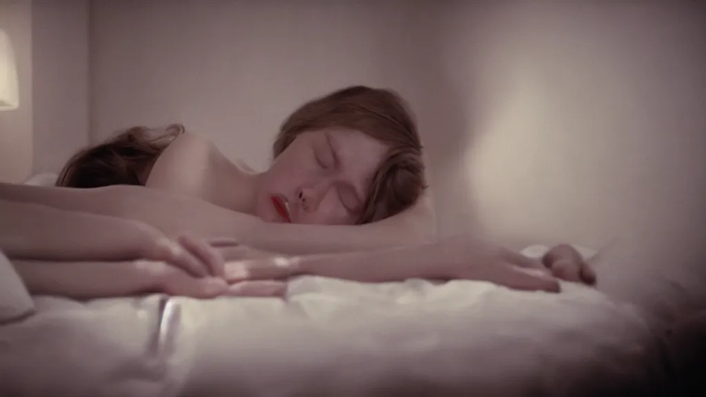 Image similar to movie still of girl having sleep paralysis, cinematic composition, cinematic light, criterion collection, by david lynch and emmanuel lubezki