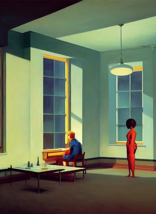 Image similar to time does not exist anymore by edward hopper and james gilleard, zdzislaw beksinski, overgrown vegetation, open ceiling, highly detailed, painted by francis bacon, painted by james gilleard, airbrush, ilya kuvshinov, wlop, stanley artgerm, very coherent, art by takato yamamoto and james jean