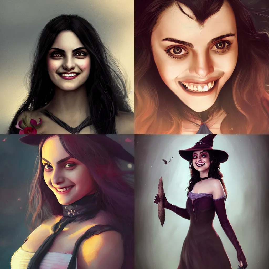 Prompt: female Camila Mendes, as a pretty witch, fun smile, pale face, realistic character concept, medium shot, fun pose, illustration, artstation, cinematic lighting, hyperdetailed, cgsociety, 8k, high resolution, insanely detailed and intricate, beautiful