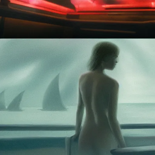 Image similar to silhouette of Elle Fanning on a boat, stormy weather, extremely detailed masterpiece, oil on canvas, low-key neon lighting, artstation, Blade Runner 2049, Roger Deakin’s cinematography, by Peter Monamy and Edward Hopper,