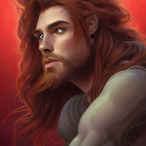 Image similar to portrait of a panther with a humanoid face, male, handsome, masculine, full body, red hair, long hair, soft hair, fantasy, intricate, elegant, highly detailed, suit, coffee shop, digital painting, artstation, concept art, character art, smooth, sharp focus, illustration, art by artgerm and greg rutkowski and alphonse mucha