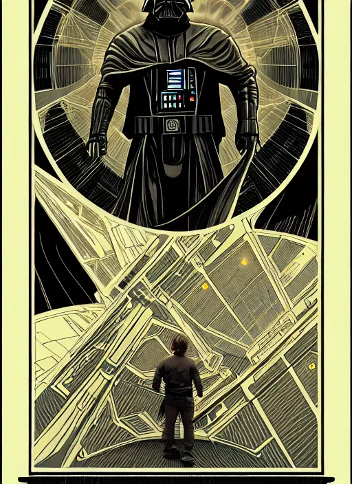 Image similar to platonic ideal luke skywalker, nazgul mandelbulb, deathstar, millenium falcon, detailed, darth vader, action pose, intricate, volumetric lighting, moebius, dan mumford, alphonse mucha, poster,