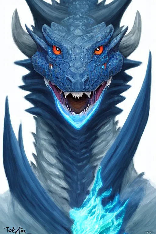 Image similar to half length portrait of a blue dragon sorcerer, nature lover, nerd, clumsy, electricity, comets, dragon, male, magical robes, high fantasy, d & d, by tyler jacobson, face details, extremely detailed, digital illustration