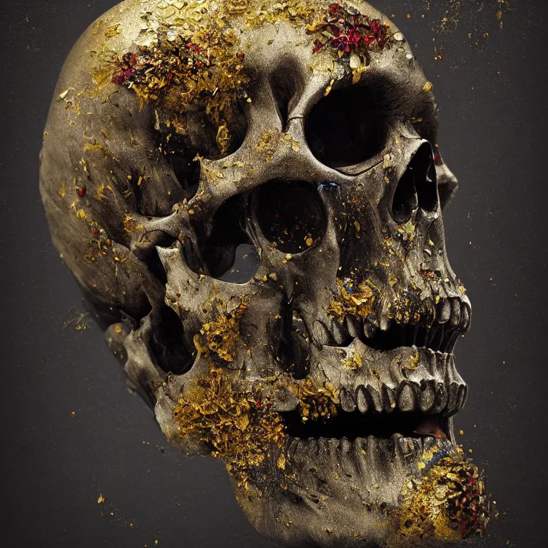 Prompt: A beautiful oil painting hyperrealism of a decayed black skull head, rotting black clay skin, gold flaked flowers, 8k resolution, octane render, Trending on artstation, by Gediminas Pranckevicius, volumetric light 2blue fractal Thunder glow by dan mumford, anaglyph effect, Laurie Lipton