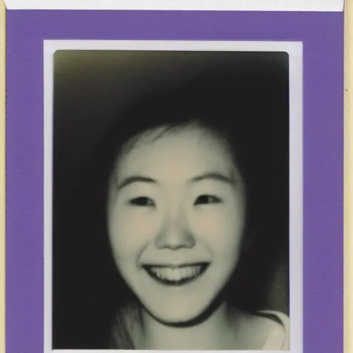 Image similar to polaroid of a young japanese woman on at night, smiling gently