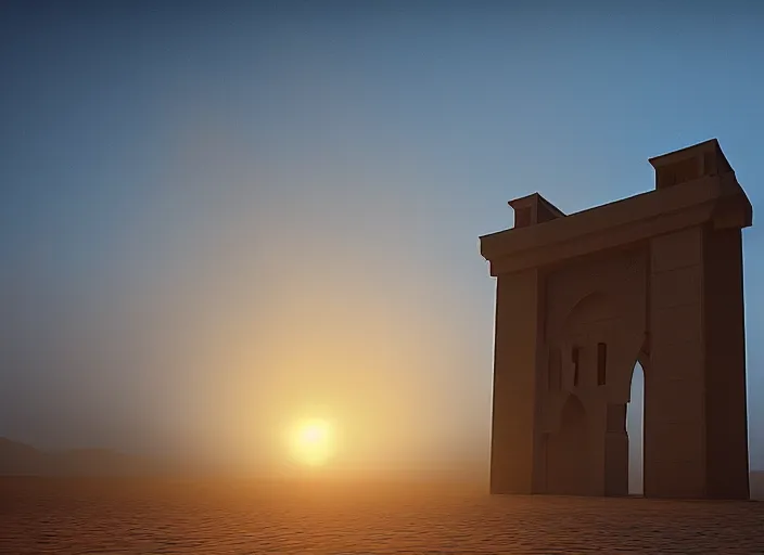 Image similar to jeddah city epic golden hour, magical time gate to another dimension, a man wearing a white robe standing watching over, dramatic lighting, dawn, by caspar david friedrich, unreal engine 5