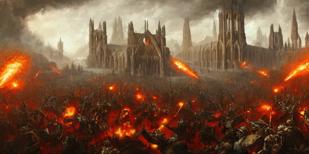 Image similar to highly detailed portrait painting of an ancient gods on hell horses war battle, abbey warhammer battle, old abbey in the background, cathedrals, giant columns, magic blasts by liang xing, 8 k resolution