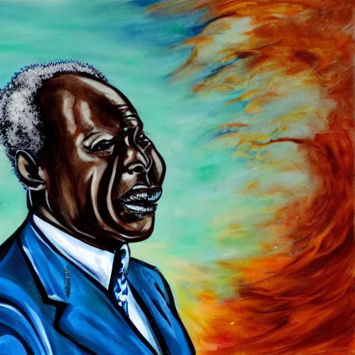 Prompt: a painting of a loving, caring fatherly wide forehead, round face, XXL , generous, ever-present, humble, wise elder from Kenya in a suit by Wangechi Mutu . Fatherly/daddy, focused, loving, leader, relaxed. Blue background, heavenly lights, details, smooth, sharp focus, illustration, realistic, cinematic, artstation, award winning, rgb , unreal engine, octane render, cinematic light, macro, depth of field, blur, red light and clouds from the back, highly detailed epic cinematic concept art CG render made in Maya, Blender and Photoshop, octane render, excellent composition, dynamic dramatic cinematic lighting, aesthetic, very inspirational, arthouse.