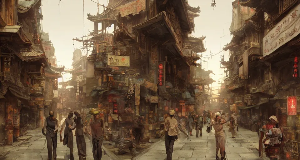 Prompt: craig mullins and ghibli digital art of chinatown street, sunset alley, in the bustling ancient chinese city, the god of erlang yang jian came from a distance, unreal engine, hyper realism, realistic shading, cinematic composition, realistic render, octane render, detailed textures, photorealistic, wide shot