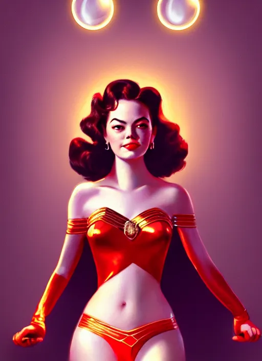 Image similar to portrait of 1 9 5 0 s darna, young emma stone, intricate, elegant, glowing lights, highly detailed, digital painting, artstation, glamor pose, concept art, smooth, sharp focus, illustration, art by wlop, mars ravelo and greg rutkowski