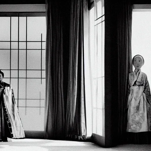 Prompt: woman in traditional hanbok waiting in living room while the shadow of a giant Kaiju-eiga starfish monster is behind the screen window, 35mm film still, monochrome Wes Anderson and Fritz Lang