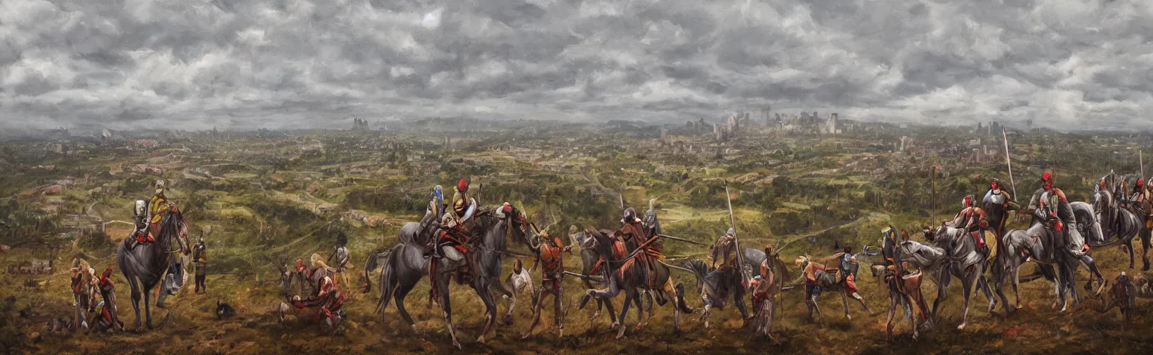 Image similar to horseback knights at scenic overlook; cloudy, grey skies, large tents in foreground, fortress city of deteriorating background on centered hill, post apocalyptic, grungy; oil on canvas, artstation, neon