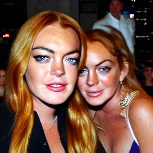 Image similar to Selfie photograph of Lindsay Lohan and Lindsay Lohan, golden hour, 8k,