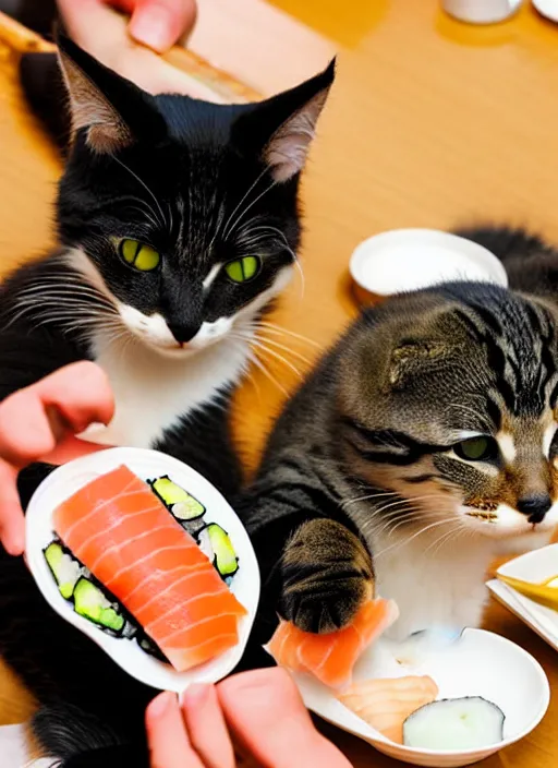 Image similar to clear photograph of cute cats stealing sushi from sushi plates