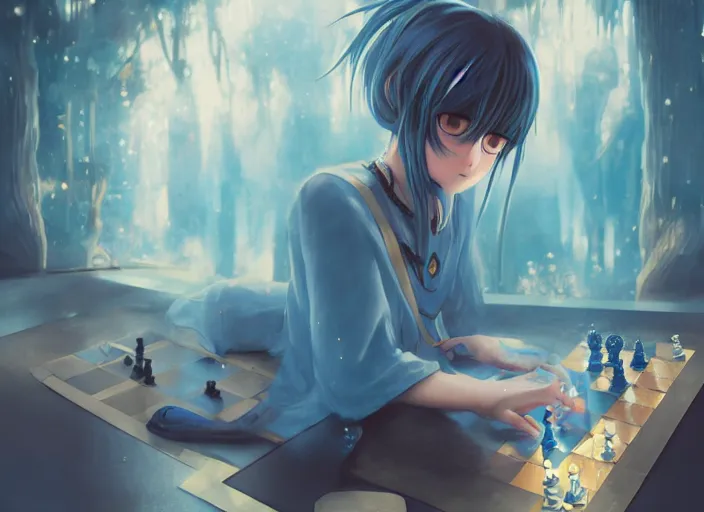 Prompt: rimuru playing chess, with gold eyes, straight hair, sky blue hair, long bangs, high collar, concept art, award winning photography, digital painting, cinematic, by wlop, anime key visual, wlop, 8 k, by ross tran, tom bagshaw, andy warhol