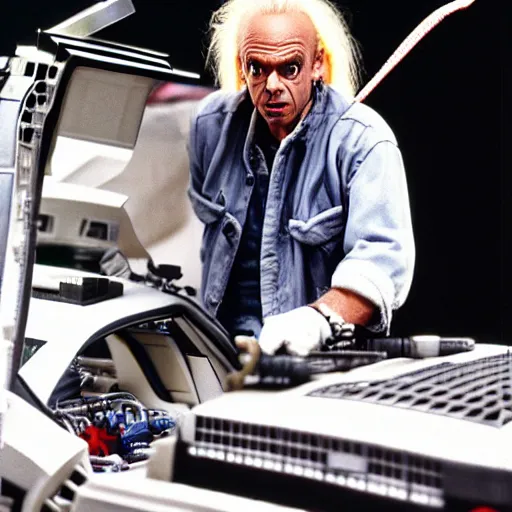 Image similar to doc brown working construction, building a delorean, back to the future - w 7 6 8