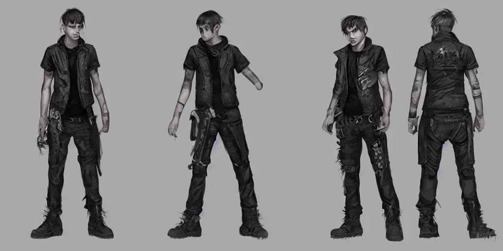 Prompt: character sheet of a rebellious mutant punk teen boy, digital art by wlop, character design concept art, artstation contest winner, blade runner, scifi, cyberwear