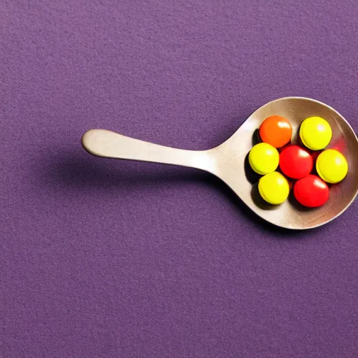 Prompt: still life photography of a skittle in a spoon