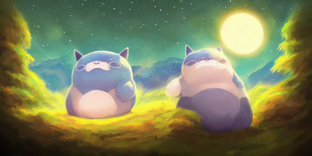Prompt: glowing snorlax totoro, mountain landscape, night sky, digital art, digital painting, celestial, majestic, colorful