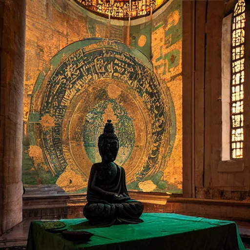 Image similar to dark green buddha being prayed in hagia sophia, dystopian universe