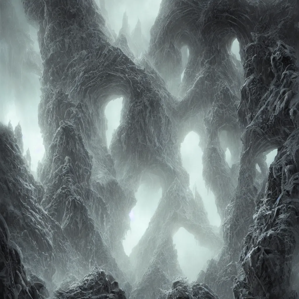 Image similar to a great monolithic lovecraftian alien city of insane towers and gravity defying megastructures in the mountains of antarctica, upward cinematic angle, by rodney matthews, michael kaluta, greg rutkowski and bill sienkiewicz, evil atmosphere, heavy winter aesthetics, stunning composition, tentacle faces, monstrous animal statues, intricate, strange, elegant, digital art, hyperdetailed, colorful hyperrealism, brilliant photorealism, horror, masterpiece, 4k