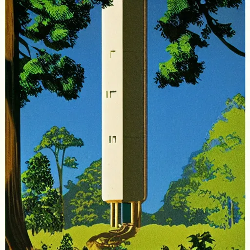 Prompt: tower in a forest, 70s fantasy poster