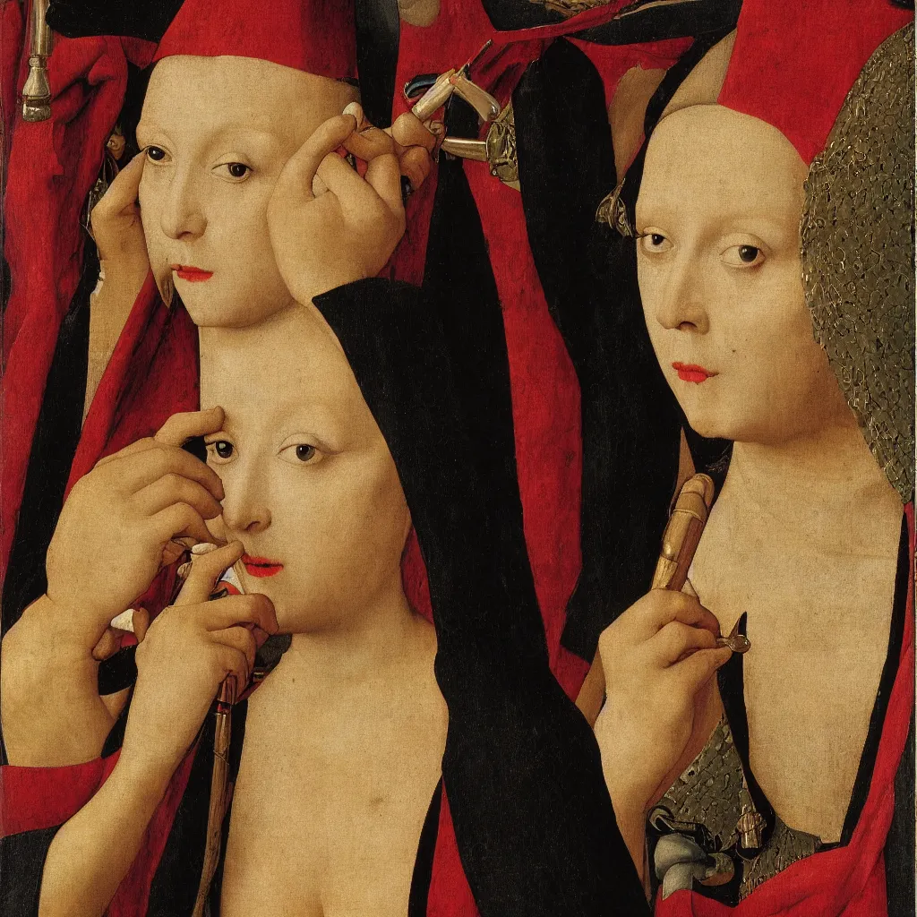 Prompt: close up of a woman putting on garish make - up. mirror, moth. jan van eyck