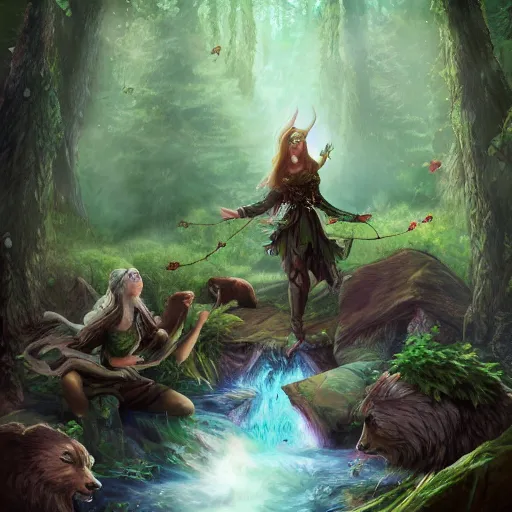 Image similar to elven druid summoning bears in the forest, d & d inspired, trending on artstation, ultra fine detailed, hyper detailed, hd, concept art, digital painting