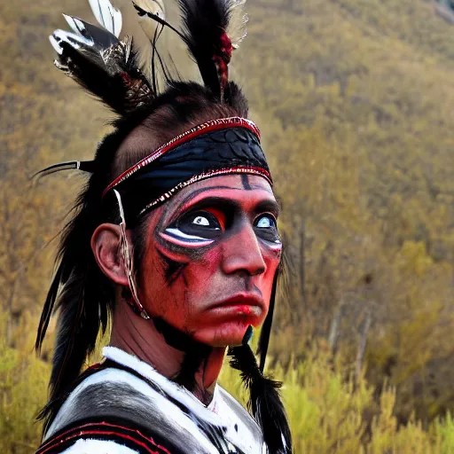 Image similar to native warrior wearing demon warpaint, black feathr head wear, award winning photograph