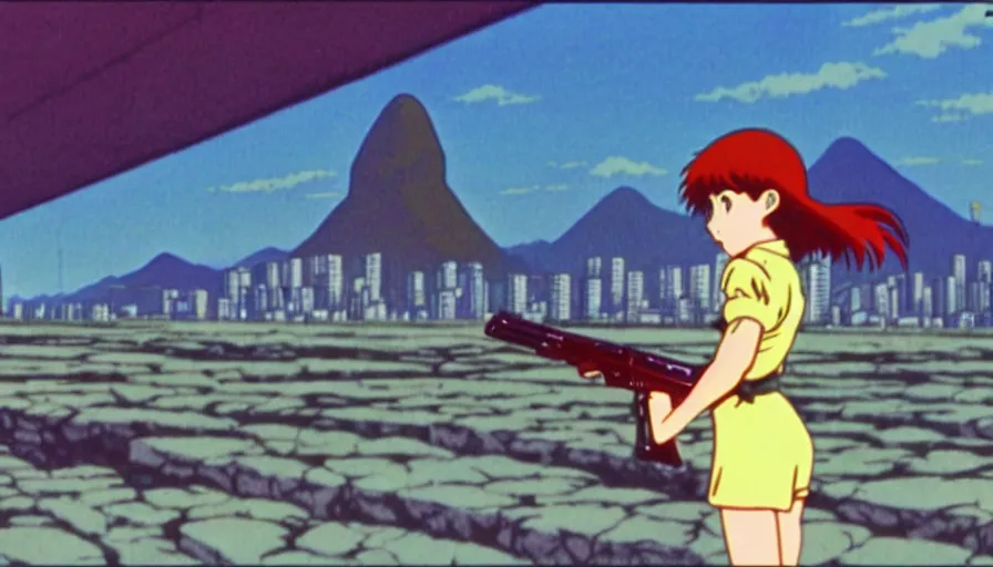 Prompt: 1 9 8 6 anime screencap of a girl with a gun on a rio de janeiro anime, by hayao miyazaki, studio ghibli, rio background extremely high quality artwork